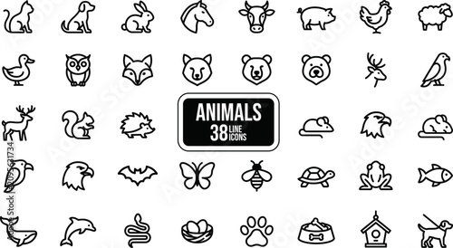 Collection of 38 line icons featuring various animals