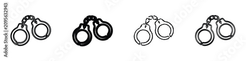 Photography A collection of four distinct line art drawings of metal handcuffs, presented ag