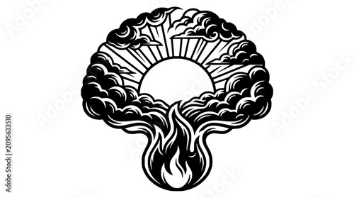 Obraz na płótnie Abstract Brain Shape with Sun, Clouds, and Fire - Concept of Ideas and Energy