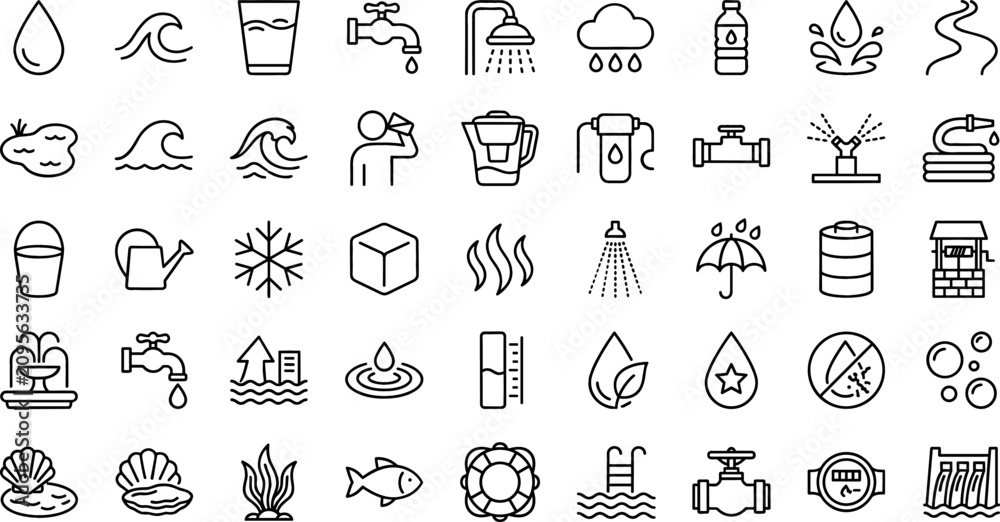 Naklejka premium Water Resources and Plumbing Utility Line Icon Set for Environmental Conservation, Residential Sanitation, Beverage Hydration, Agriculture Irrigation, and Clean Energy Vector Graphics