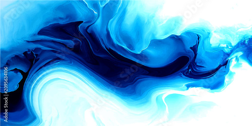 Abstract swirling vortex of deep and light blue ink or paint in water, creating a dynamic and mesmerizing fluid art formation, suggestive of ocean currents or nebulae