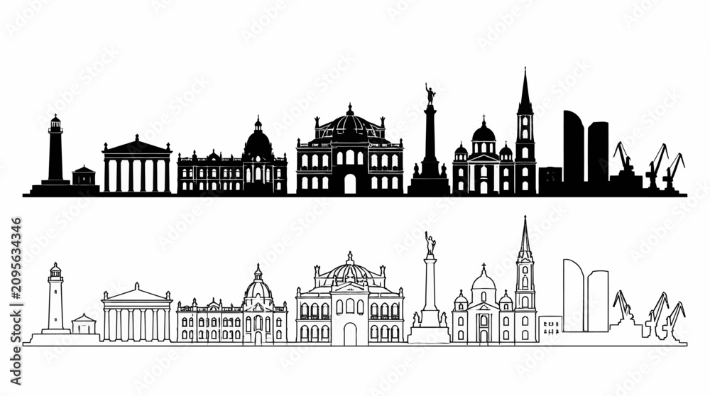Fototapeta premium Odessa City Skyline Silhouette in Vector Outline and Solid Style