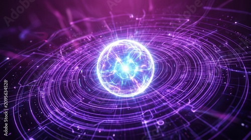 A glowing digital sphere of energy and electric currents centered over a complex, circular data interface in vibrant purple tones.
