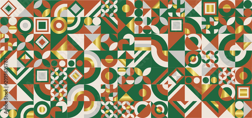 geometric motif design featuring a Bauhaus-inspired pattern with metallic gold accents.