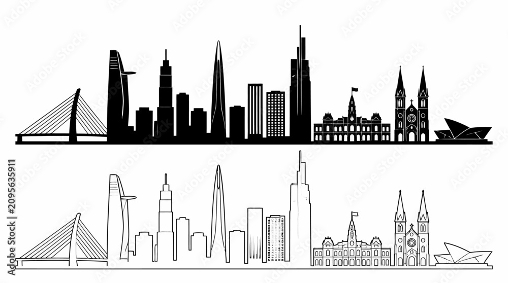 Fototapeta premium Modern City Skyline Silhouette and Outline Illustration Set