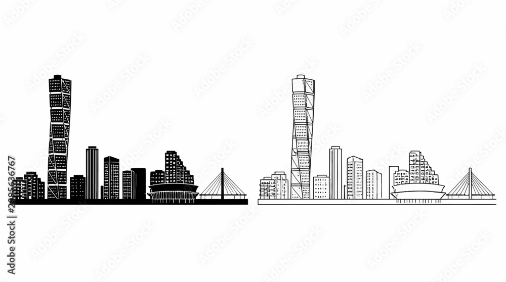Obraz premium Malmo skyline silhouette and line art with Turning Torso, urban view