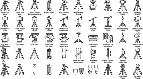 Fotografie Camera Tripod and Studio Stand Line Icon Set Featuring Monopods, Ring Lights, Ba