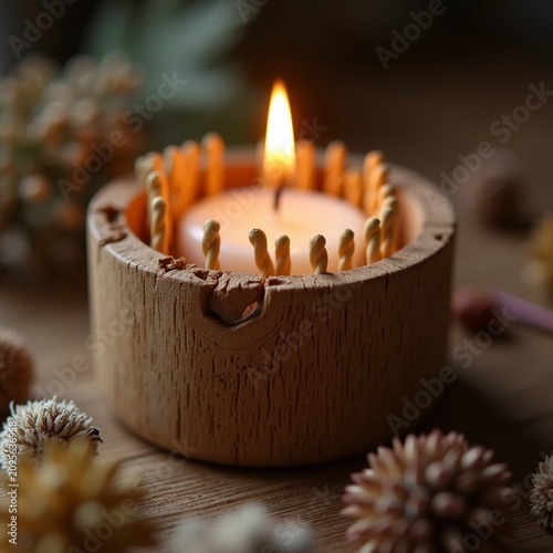  Artisanal matches with hand-twisted paper stems in a handcrafted wooden holder. Warm candlelight highlights the organic texture of paper and wood grain. A single lit match casts a soft glow on surrou