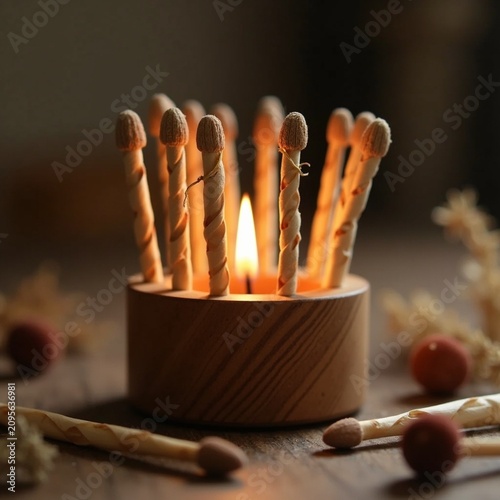  Artisanal matches with hand-twisted paper stems in a handcrafted wooden holder. Warm candlelight highlights the organic texture of paper and wood grain. A single lit match casts a soft glow on surrou