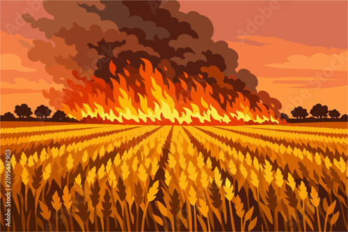 Canvastavla Massive Wildfire Sweeping Across Golden Wheat Field Vector Illustration – Agricu