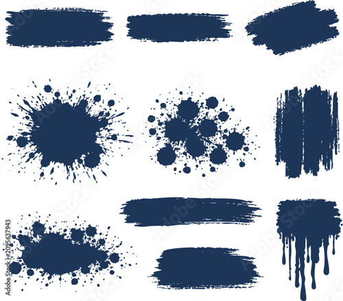 фотографія Dark navy blue grunge paint brush stroke and splatter set isolated on white background