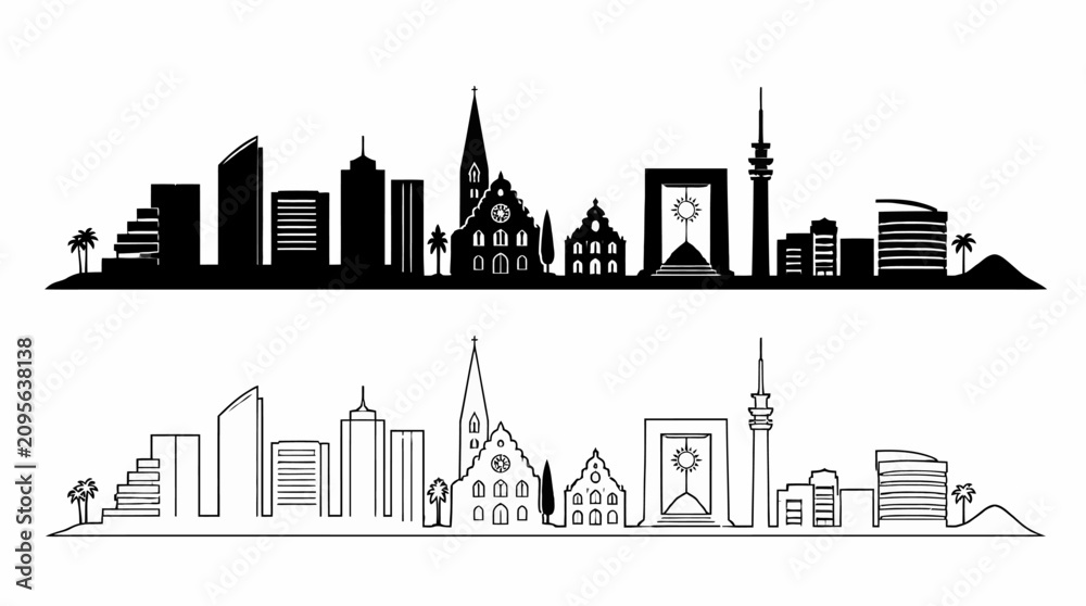 Obraz premium City Skyline Silhouette and Line Art Vector Illustration