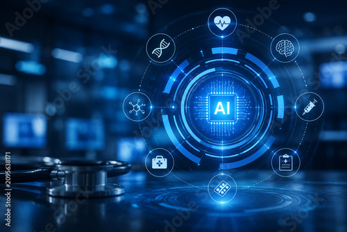 AI generated healthcare AI technology interface intelligent medical analytics digital diagnostics clinical decision support connected healthcare ecosystem smart innovation