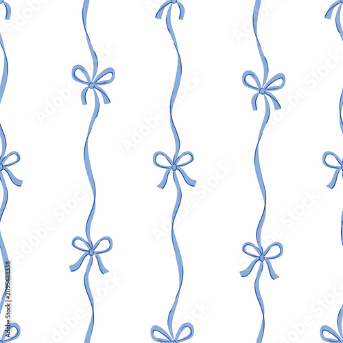 Seamless border of vertical satin bows. Repeated pattern made of blue silk ribbons. Decor for birthdays, weddings, Valentine's day. Decoration in vintage elegance style on a white 