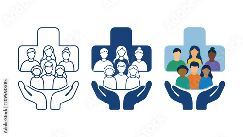 Illustrations of diverse groups held in hands with medical cross symbols