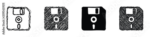 Bild auf Leinwand Four distinct representations of a floppy disk, ranging from a rough sketch to a