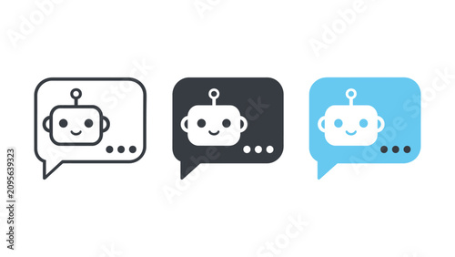 Three colorful robot icons inside speech bubbles with transparent background
