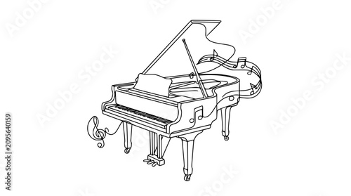 Schilderij op canvas Elegant Grand Piano Sketch with Musical Notes and Clef
