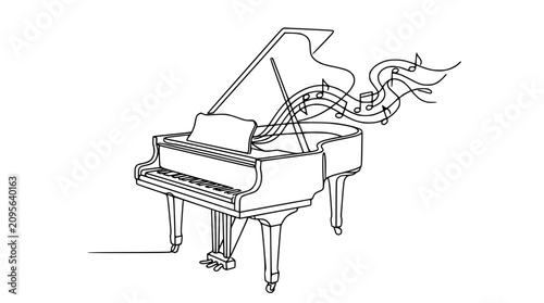Schilderij op canvas Elegant Grand Piano with Musical Notes - Continuous Line Art Drawing