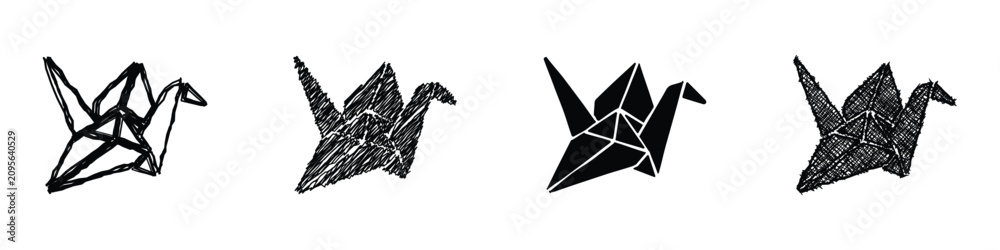 Obraz premium A collection of four distinct artistic interpretations of the origami crane, showcasing varied sketching and filling techniques