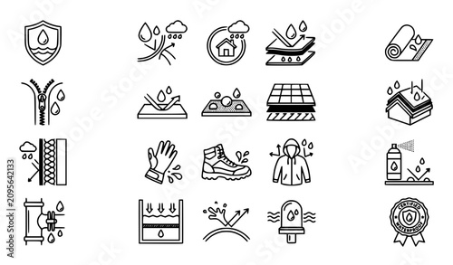 Foto Waterproof and Water Resistant Material Linear Icons Set with Moisture Protectio