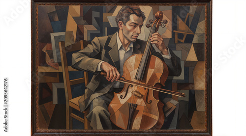 Cubist painting of a man playing cello. Artistic portrait of a musician in geometric style.