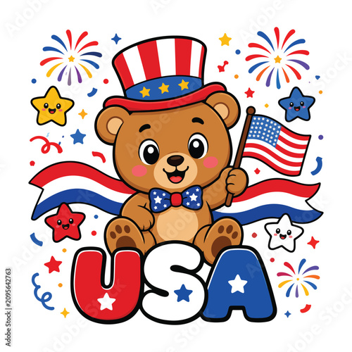 Cute Teddy Bear USA Independence Day Cartoon Flat Vector Illustration Patriotic Mascot with American Flag for 4th of July Stickers and T-Shirts