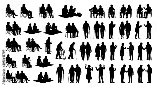 Architectural elevation entourage vector silhouettes of senior citizens resting
