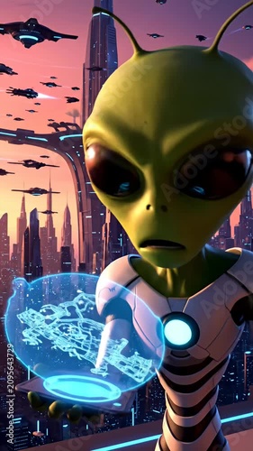 Alien holding hologram device in futuristic city.