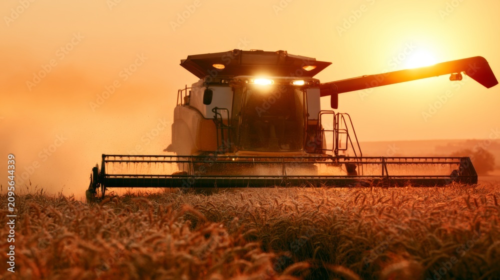 Fototapeta premium Harvesting Wheat at Sunset with a Combine Harvester in a Golden Field Under a Warm Sky Illuminated by the Glowing Sunlight