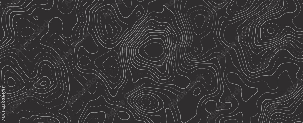 Obraz premium Black topographic map background. Abstract contour lines and terrain topography relief pattern vector for modern banner, minimal cover, and graphic design.