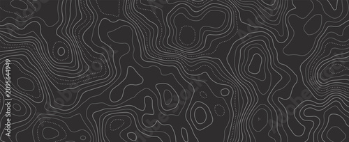 Black topographic map background. Abstract contour lines and terrain topography relief pattern vector for modern banner, minimal cover, and graphic design.