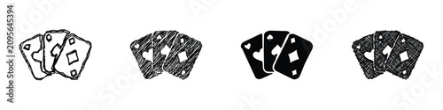 A collection of four distinct playing card icons, each rendered in a unique artistic style, showcasing hearts, spades, and diamonds
