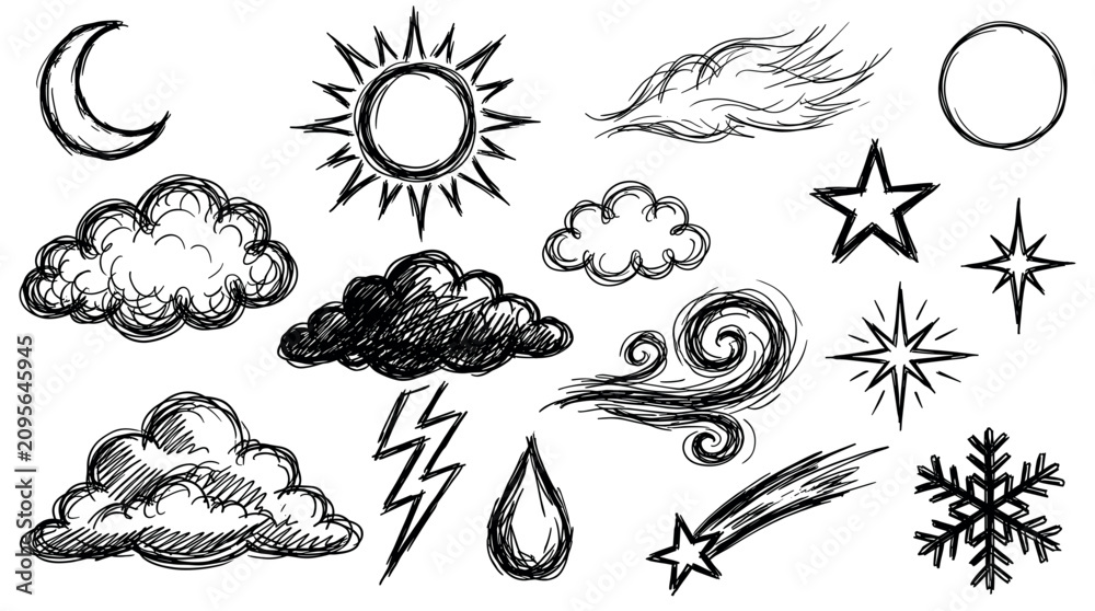 Obraz premium Various hand-drawn weather and celestial icons in a rough sketch style, including sun, moon, clouds, stars, and wind on a white background