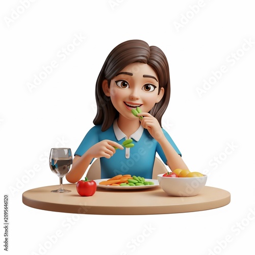 3D Cartoon Girl Enjoying a Healthy Vegetable Meal at a Table.