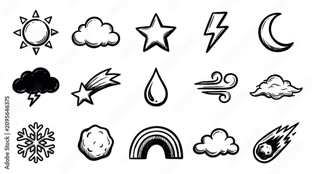 Obraz premium Collection of hand-drawn weather and celestial icons in black and white, featuring sun, clouds, stars, lightning, moon, and more, isolated on a clean white background