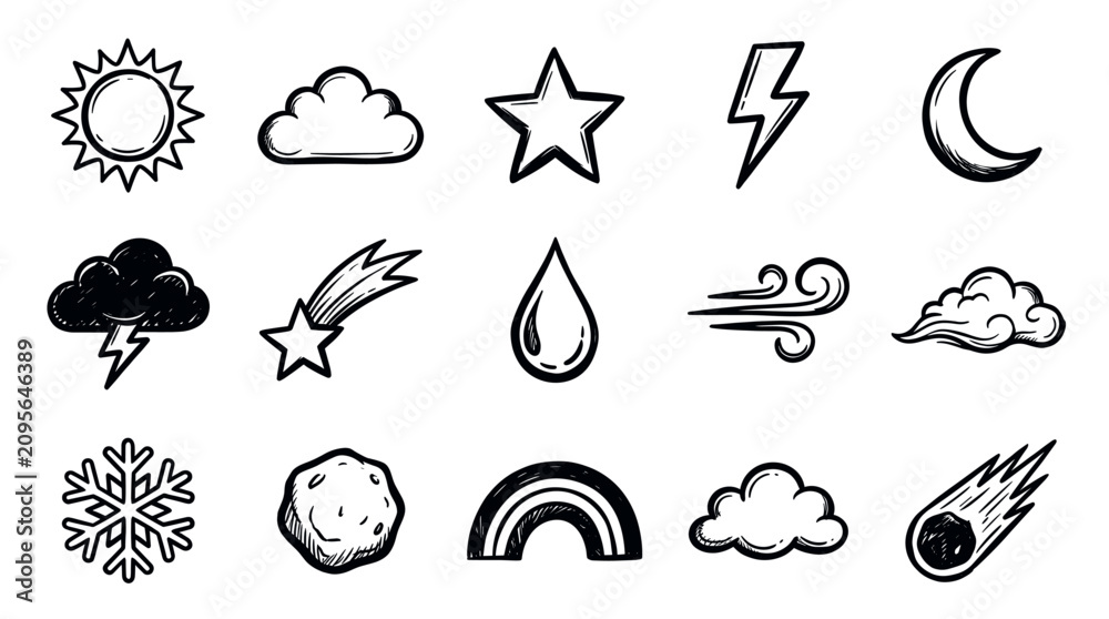 Obraz premium Hand-drawn black and white weather and celestial doodle icons are arranged neatly on a clean white background