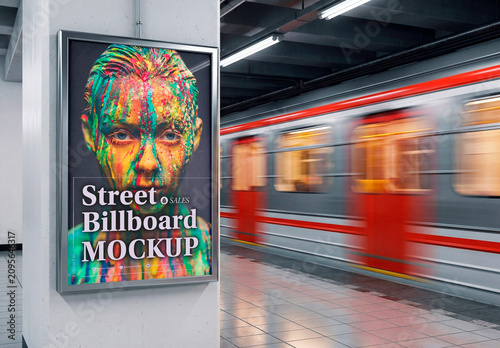 Subway station poster mockup with moving train