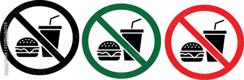 Three prohibition icons of burger and drink combo in black green and red circle