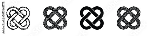 A collection of four unique representations of an endless knot, showcasing different artistic interpretations and textures for design elements