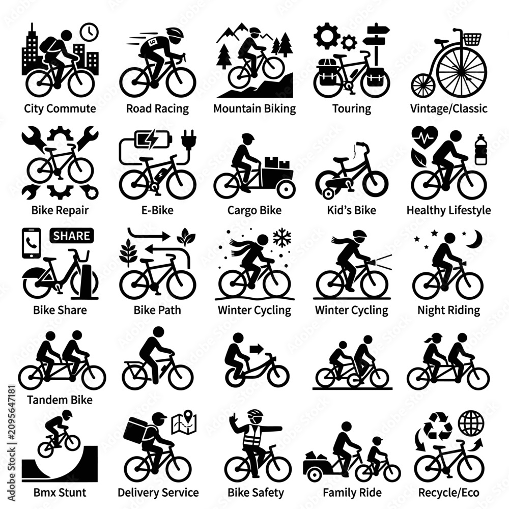 Obraz premium Bicycle Icon Set: Diverse Cycling Activities and Styles