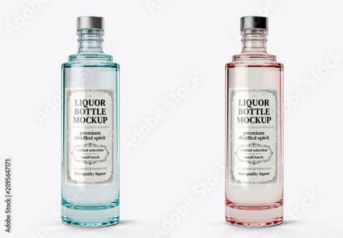 Transparent glass bottle mockup with blank label