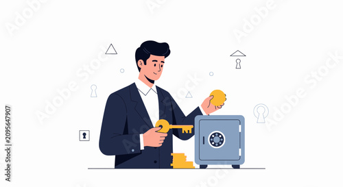 Businessman Depositing Coin into Safe with Key, Concept of Financial Security and Savings