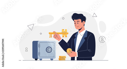 Businessman Holding Key and Coins Near Safe, Concept of Security, Investment, and Wealth Management