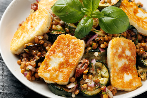 Halloumi and Lentil Salad with Roasted Courgettes