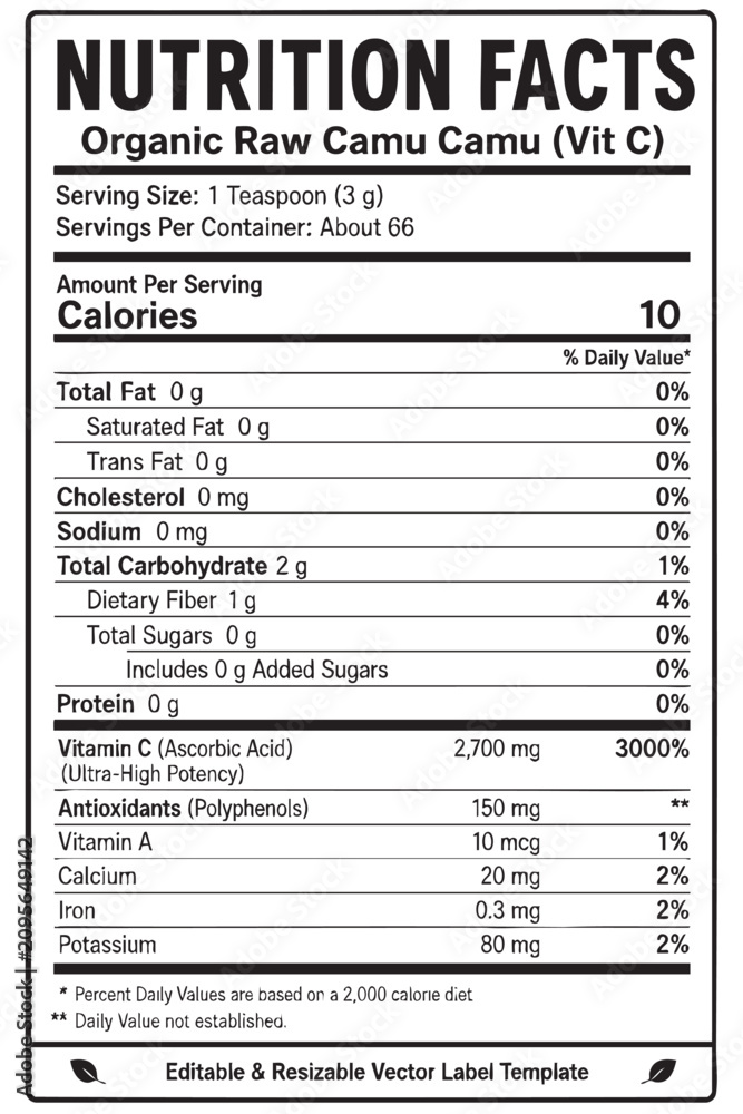 Fototapeta premium nutrition facts vector label template for organic raw camu camu powder