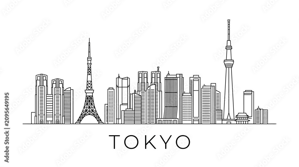 Obraz premium Tokyo skyline illustration, modern city silhouette, iconic landmarks, clean design