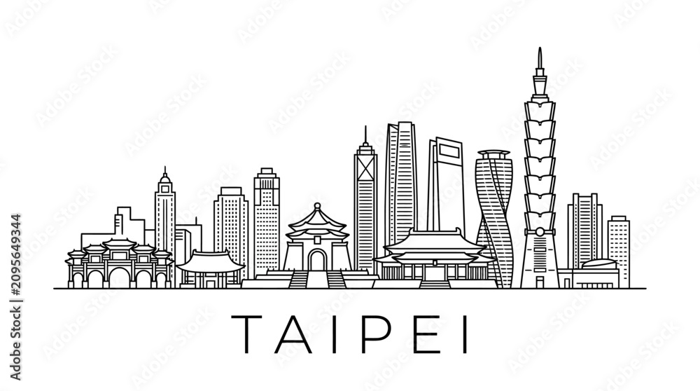Obraz premium Taipei Skyline - Modern Architecture and Traditional Temples Vector Outline