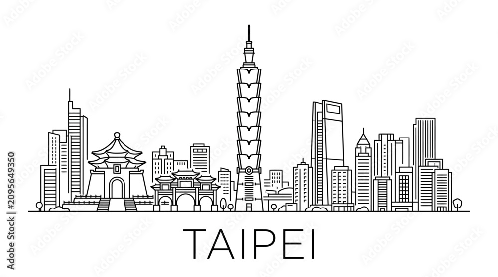 Obraz premium Taipei Skyline Black and White Illustration - Famous Buildings Outline