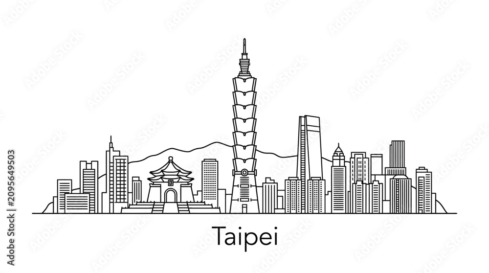 Obraz premium Taipei skyline illustration with iconic buildings and mountains